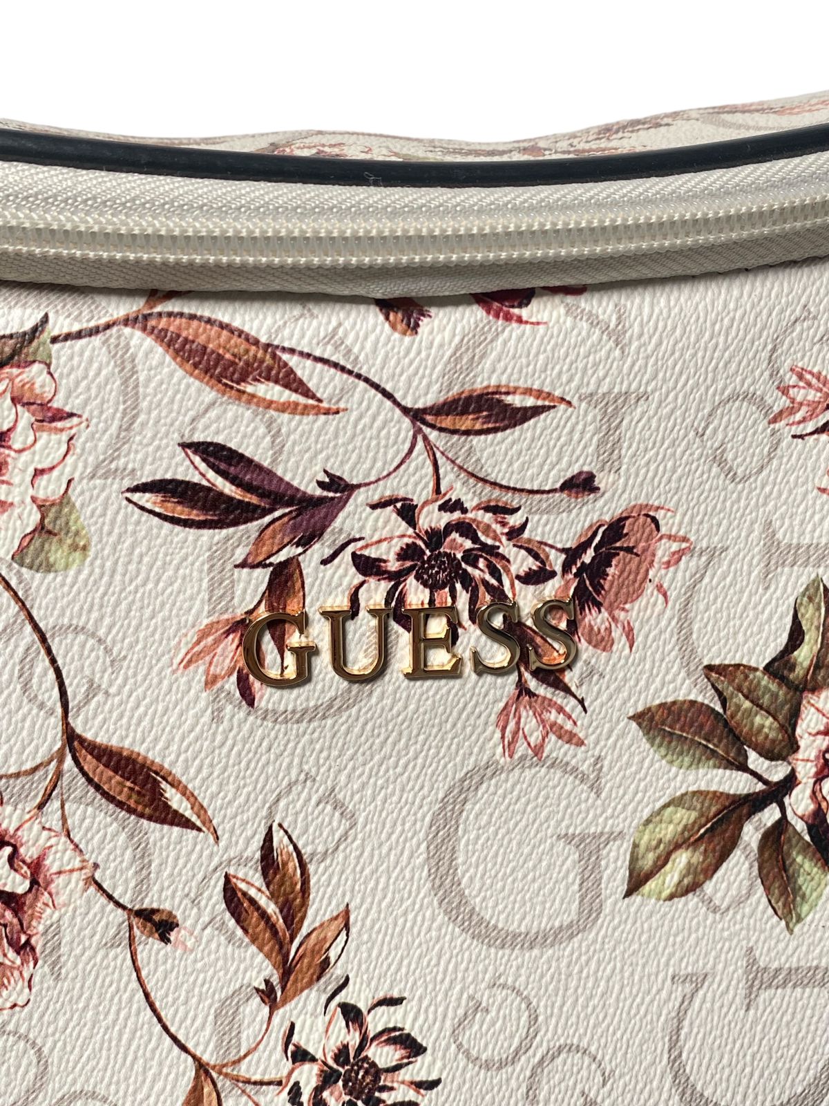 LONCHERA  GUESS CROSSBODY ESTAMPADO FLORAL BLANCA CON ROSA Y NEGRO