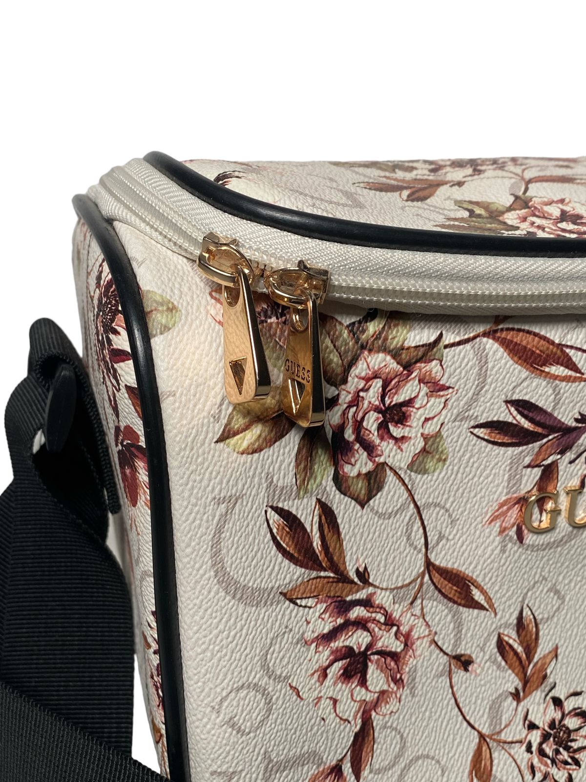 LONCHERA  GUESS CROSSBODY ESTAMPADO FLORAL BLANCA CON ROSA Y NEGRO