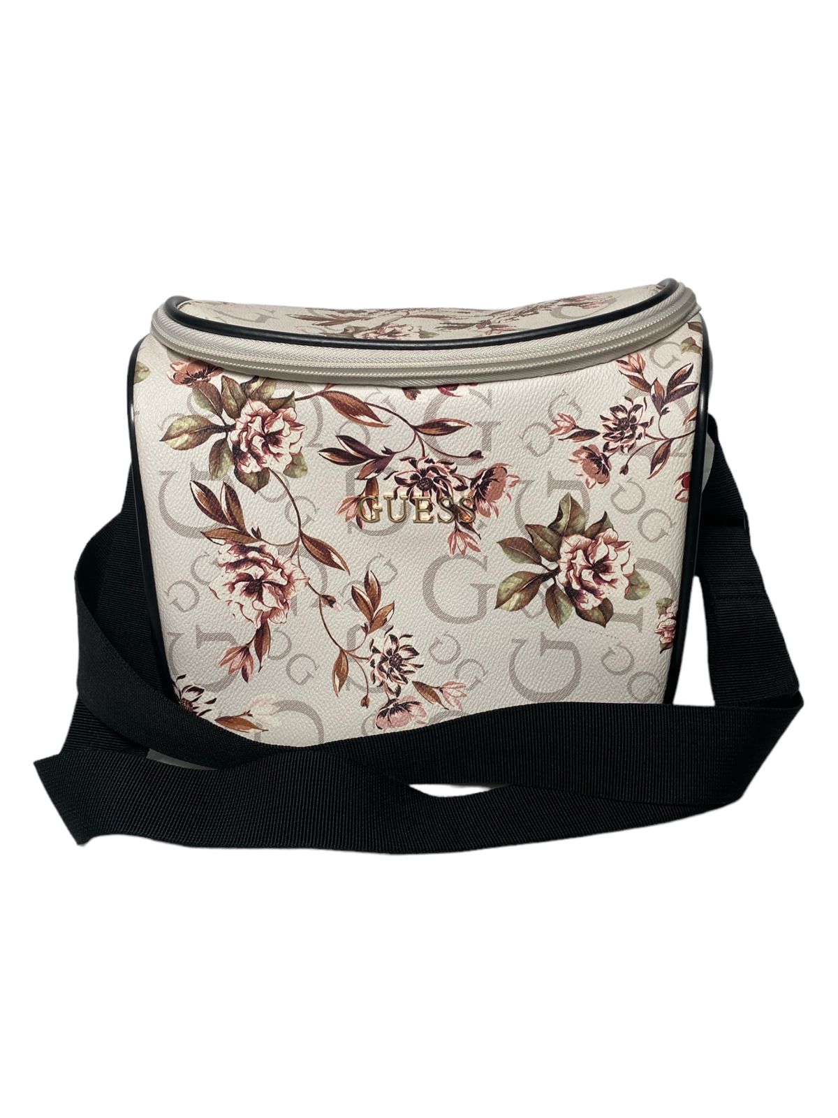 LONCHERA  GUESS CROSSBODY ESTAMPADO FLORAL BLANCA CON ROSA Y NEGRO